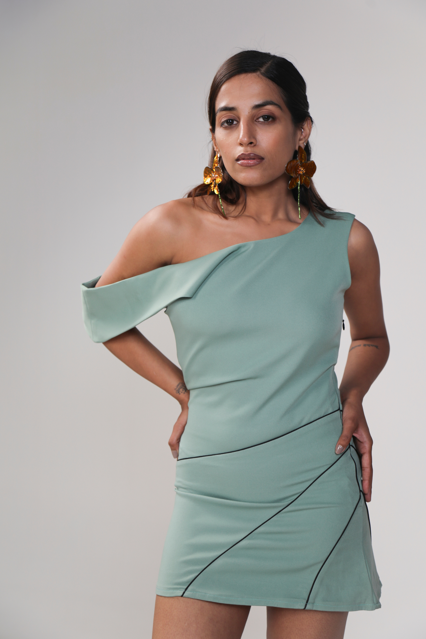 Sage Green Asymmetric Mini Dress with Graphic Piping
