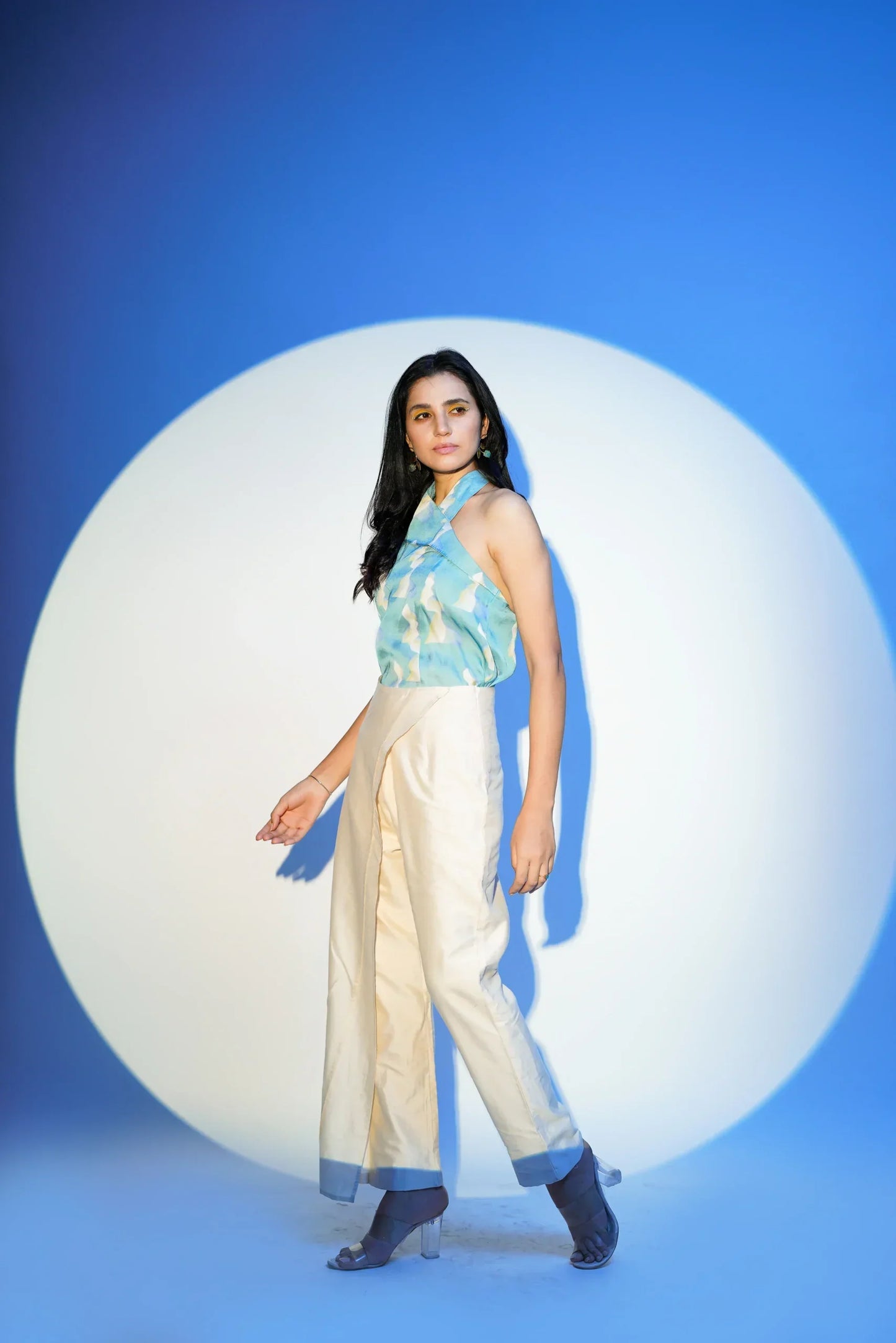 Blue Silk Satin Crop Top, Pants