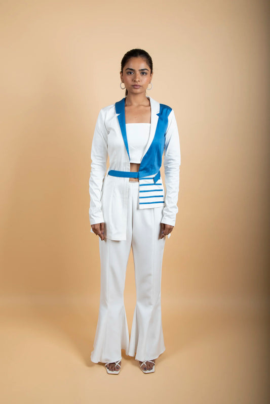 Color Block Blazer Flare Pants Suit