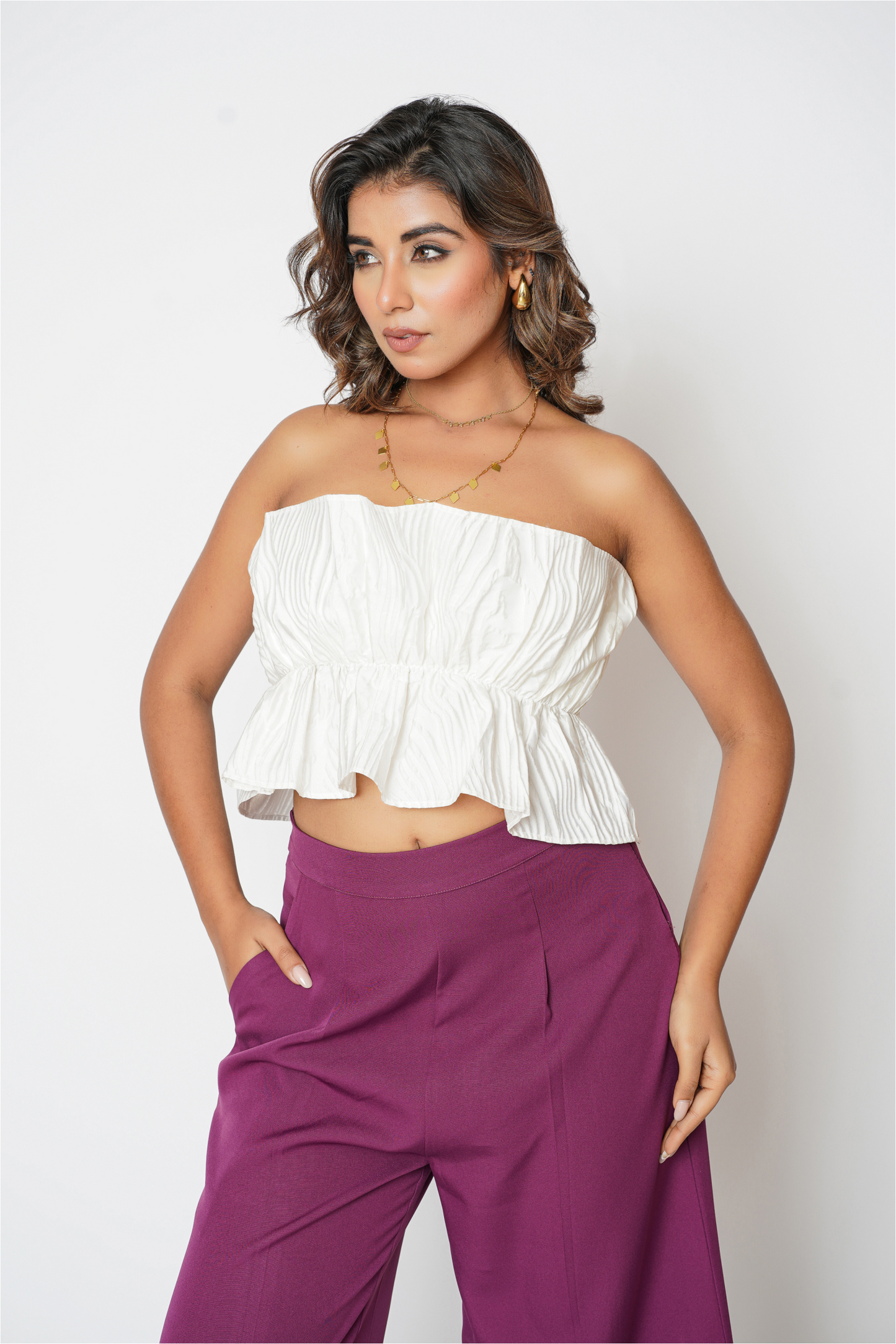 High Waist Pleated Pants With Textured Ruffled Top