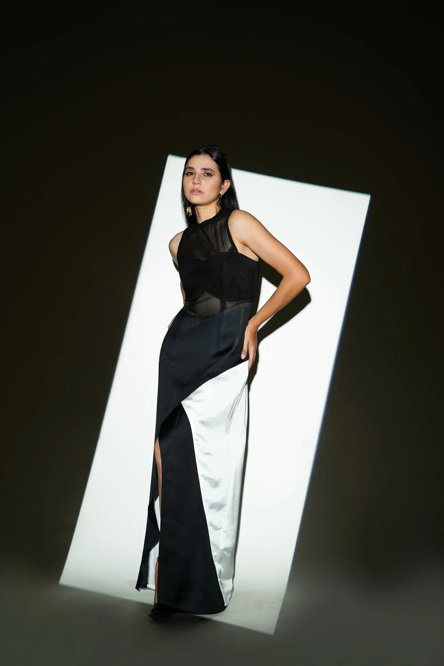 Black White Panel Cut-Out Gown