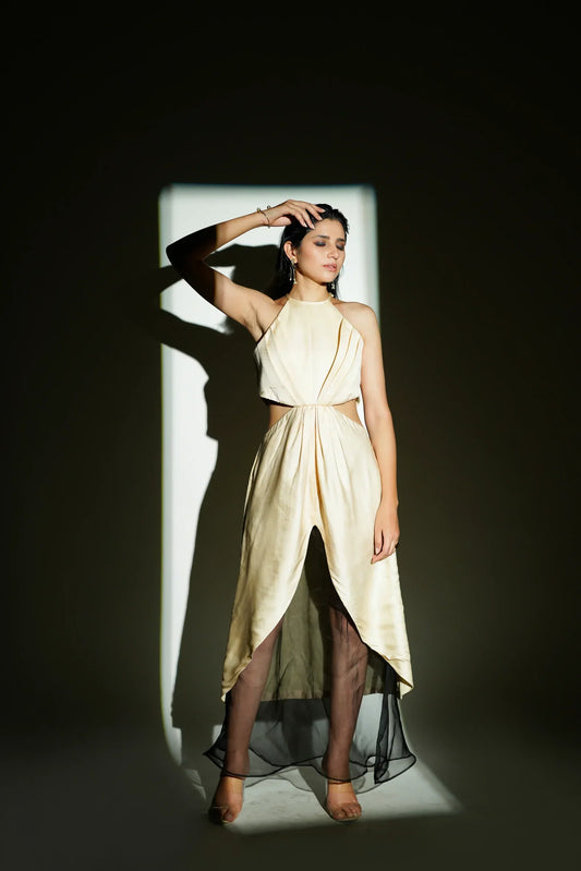 Satin Halterneck Pleated Long Dress