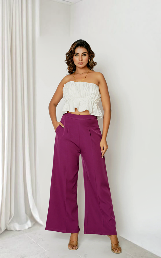 High Waist Pleated Pants With Textured  Ruffled Top