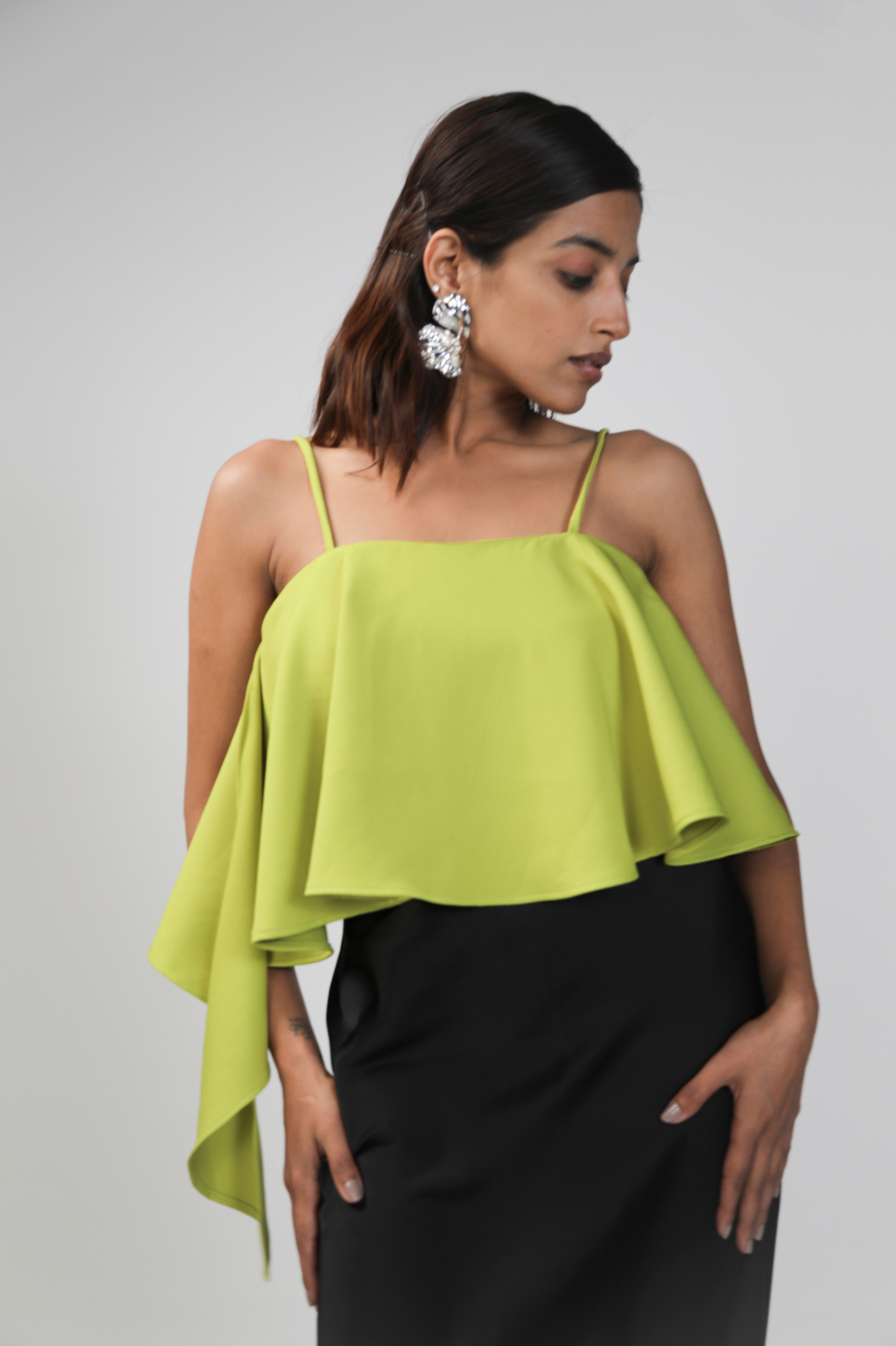 Chartreuse Asymmetrical Ruffle Cami Top