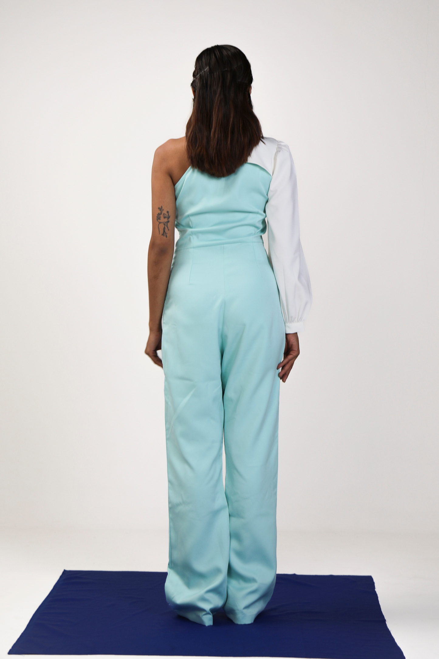Aqua Blue and White Asymmetrical One-Sleeve Jumpsuit