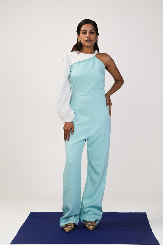 Aqua Blue and White Asymmetrical One-Sleeve Jumpsuit