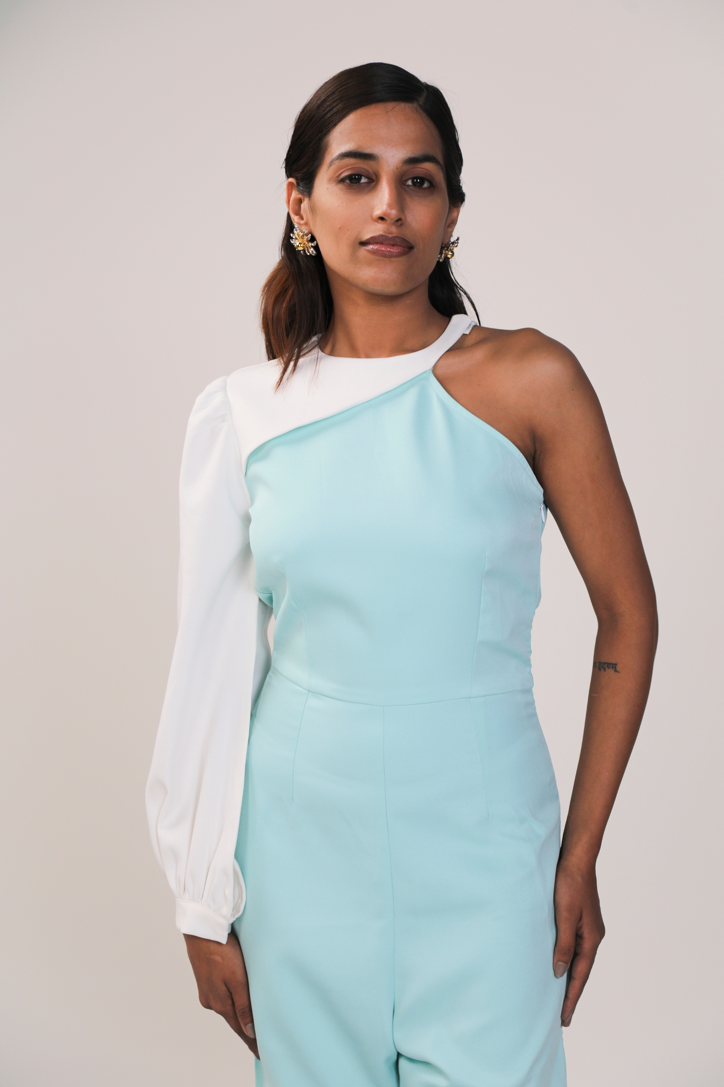 Aqua Blue and White Asymmetrical One-Sleeve Jumpsuit