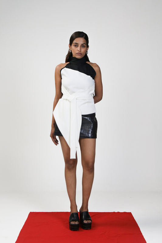 Modern Asymmetric Color-Block Halter Top
