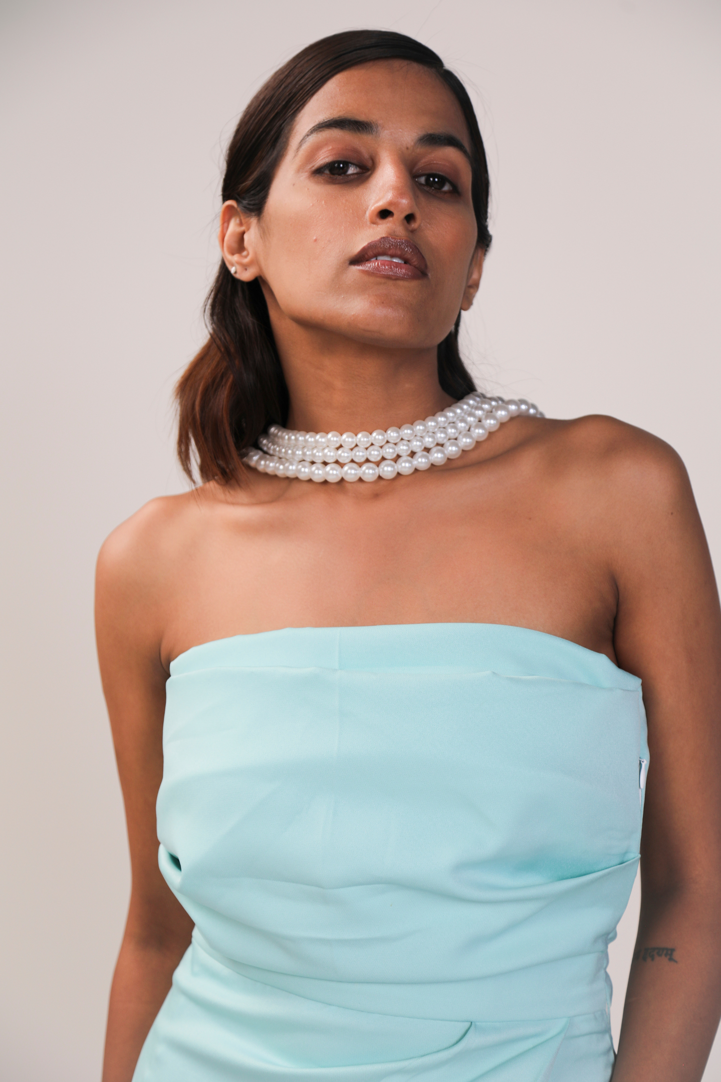 Aqua Blue Strapless Mini Dress with Tulip Hem