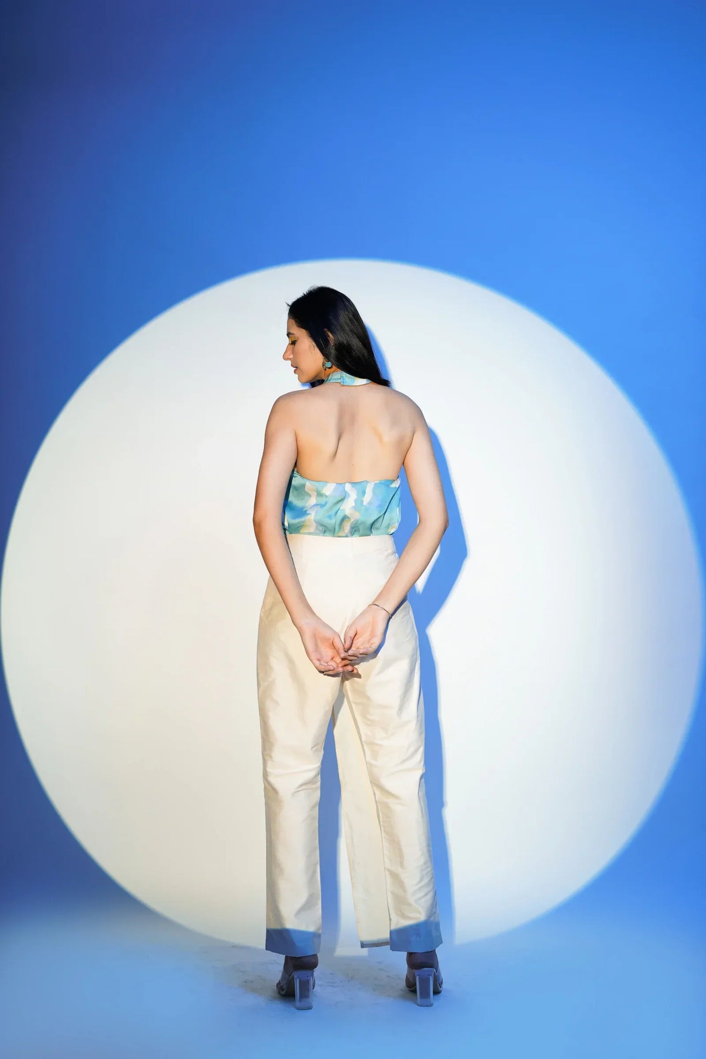 Blue Satin Top With Drape Pant Set