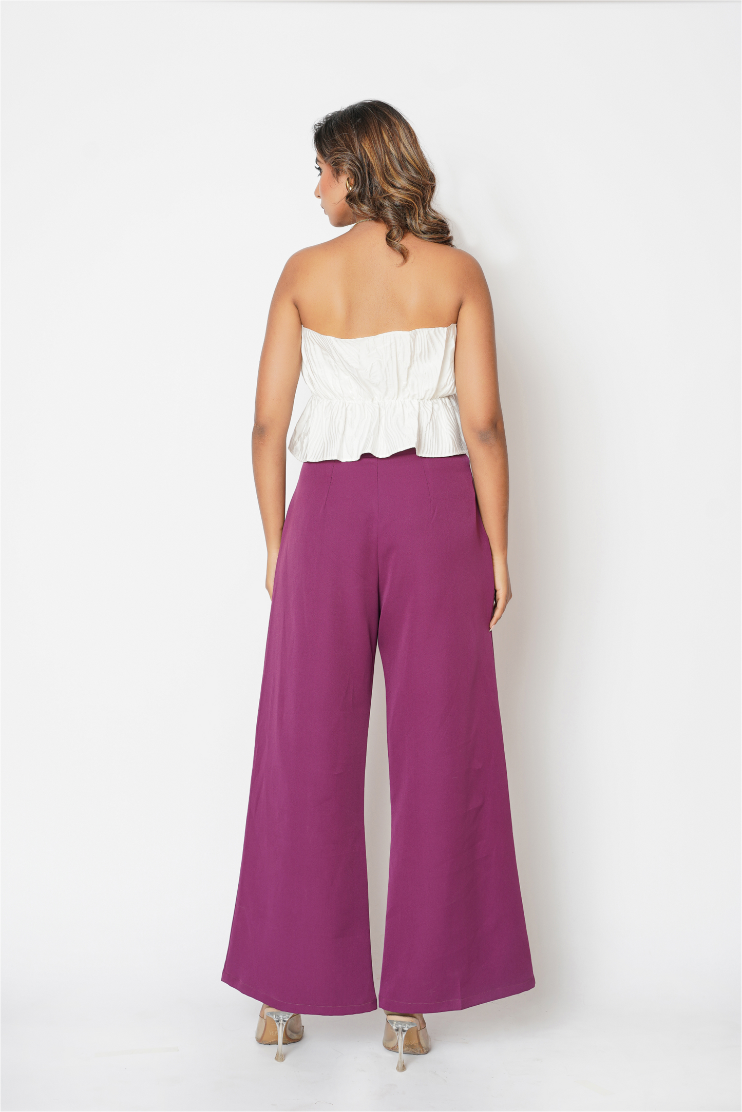High Waist Pleated Pants With Textured  Ruffled Top